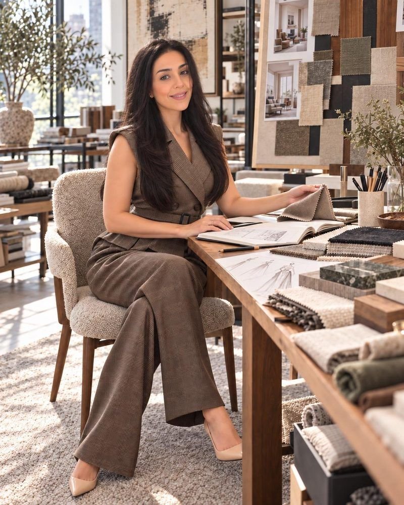 Leila Nystrom, founder of Leila Design Studio, at her design table with fabric and finish samples